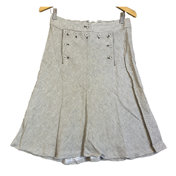 J Crew Sailor Button Midi Skirt Size 0 Brown Stripe Linen Lace Up Coastal Beach - Picture 1 of 9